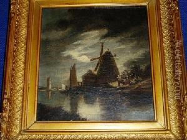 Boats By The Windmill On A Moonlit River Oil Painting - John Berney Crome