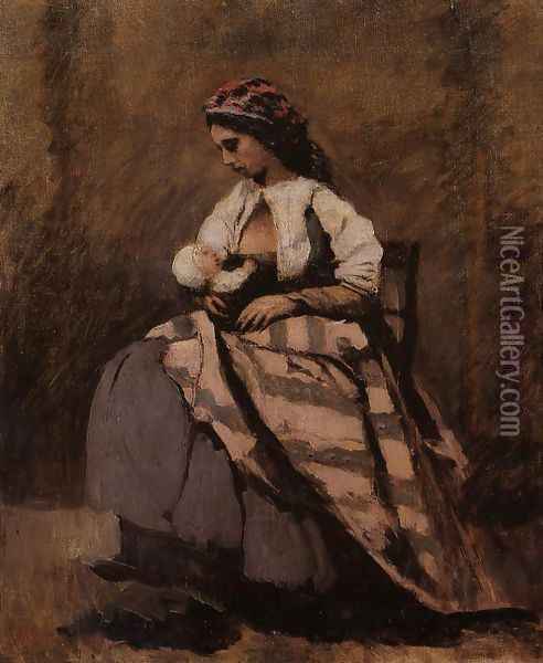Mother Breast Feeding Her Child Oil Painting - Jean-Baptiste-Camille Corot