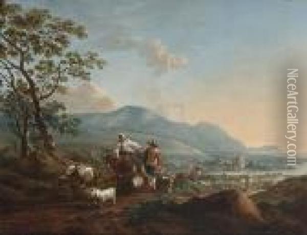 River Landscape With Shepherds 
Driving Their Herd In The Foreground Oil Painting - Nicolaes Berchem