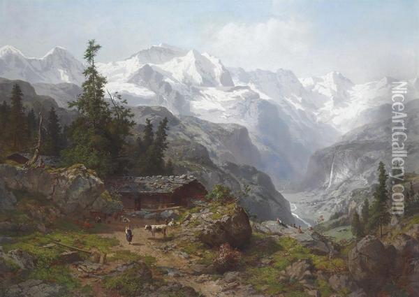 A View Of Lauterbrunnen With The Eiger, Monch And Jungfrau Mountains In The Distance Oil Painting - Joseph Niklaus Butler