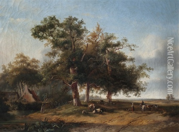 Paisaje Con Campesinos Oil Painting - Barend Cornelis Koekkoek