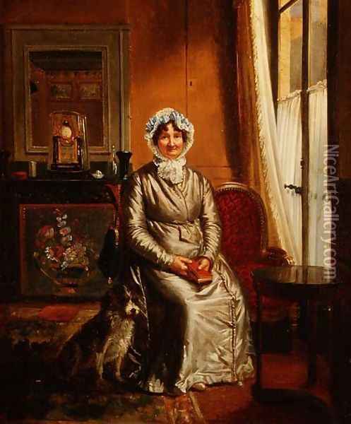 A lady with a dog in an interior Oil Painting - Henri Auguste Calixte Cesar Serrur