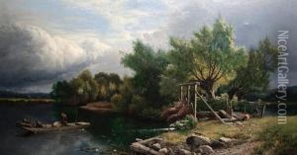 Traps At A Fishing Weir On Thethames Oil Painting - Edwin H., Boddington Jnr.