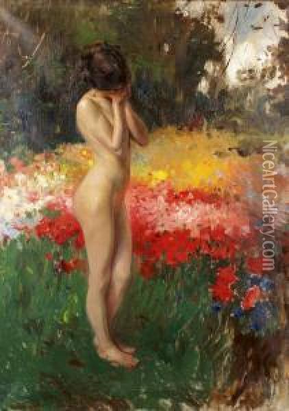 Nu Dans Un Jardin En Fleur Oil Painting - Maryan Slugocki