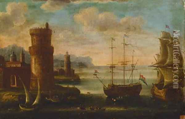 A Mediterranean harbour with moored men-o'-war Oil Painting - Orazio Grevenbroeck