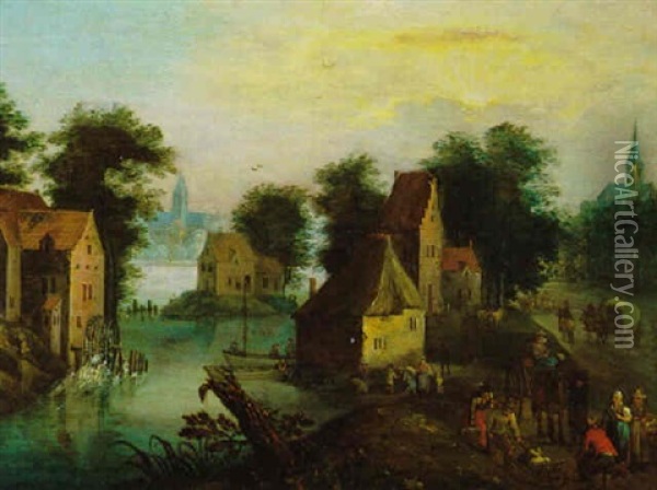 Dorf An Einem Fluss Mit Reisenden Oil Painting - Joseph van Bredael