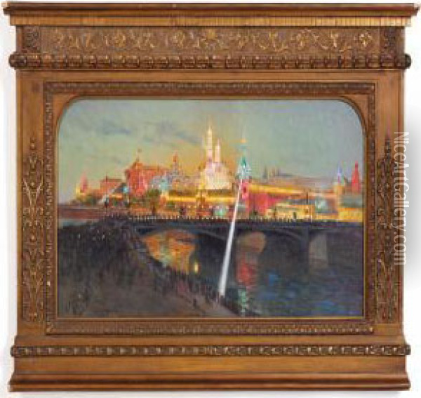 The Illuminated Kremlin In Honour Of The Coronation Of Tsar Nicholas Ii Of Russia Oil Painting - Mikhail Stepanovitch Tkachenko