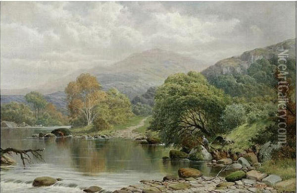 River Landscape With Angler On A Bank Oil Painting - William Henry Mander