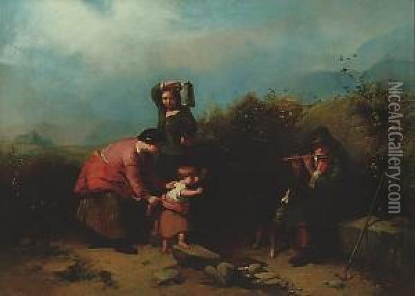 A Family Group At A Spring Oil Painting - James John Hill