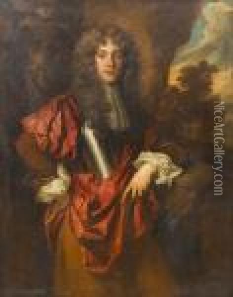 Portrait Of A Gentleman, 
Three-quarter-length, In A Breastplate With A White Lace Jabot And A Red
 Wrap, A Landscape Beyond Oil Painting - Sir Peter Lely