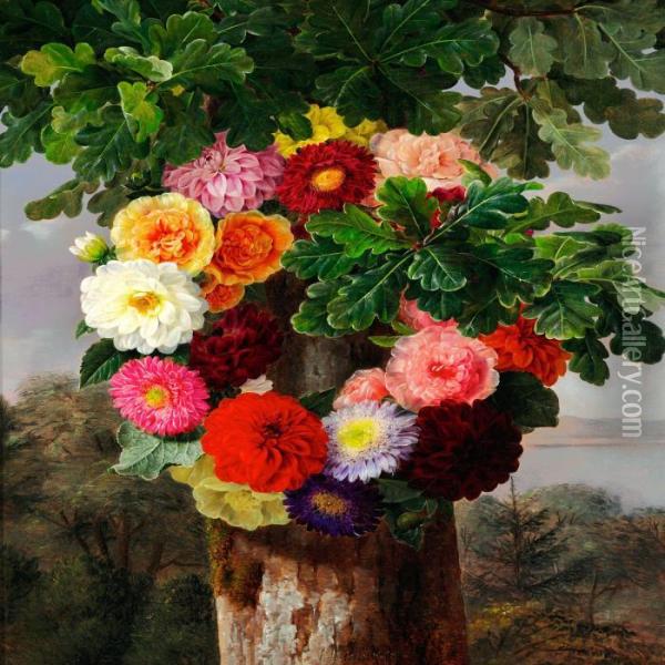 Wreath Of Dahlias On An Oak Oil Painting - Johan Laurentz Jensen