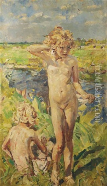 Girls Playing Near The River Aa Oil Painting - Erasmus Bernhard Van Dulmen Krumpelman