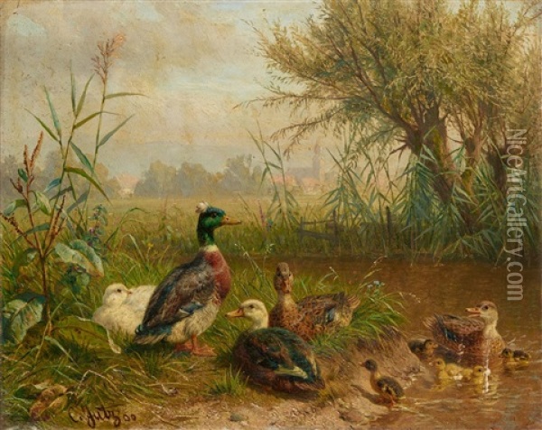 Birds By A Pond Oil Painting - Carl Jutz the Elder