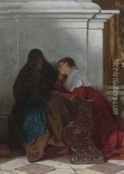 Zwei Frauen In Der
 Kirchenbank. Oil Painting - Hermann Kaulbach