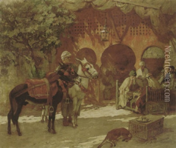 An Arab Cafe Oil Painting - Frederick Arthur Bridgman