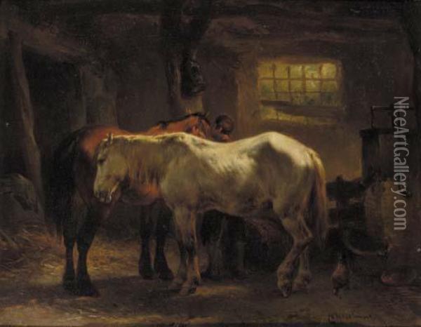 Horses At Rest In A Stable Oil Painting - Wouterus Verschuur
