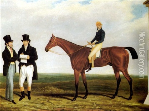 'longwaist', A Bay Gelding, With S. Day Up, With His Owner And Trainer Oil Painting - James Loder Of Bath