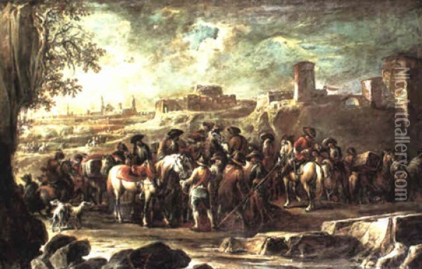 A Troop Of Horsemen Near A Castle Oil Painting - Francesco Simonini