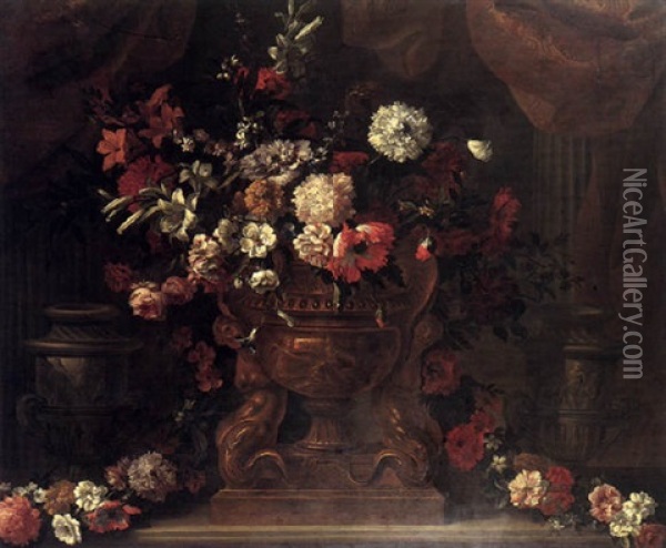 Nature Morte De Fleurs Dans Un Vase Sculpte Oil Painting - Jean-Baptiste Monnoyer