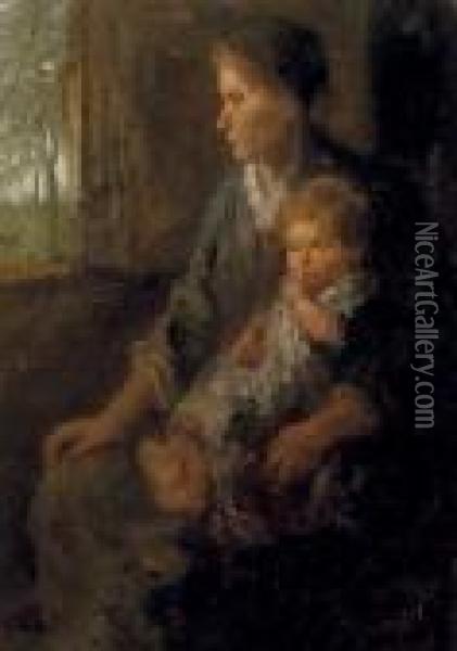 Onzekerheid: On Mother's Knee Oil Painting - Jozef Israels