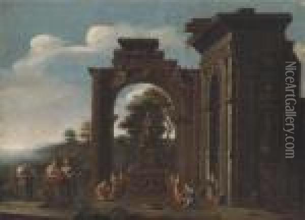 A Capriccio Of Roman Ruins With Classical Figures Adorning A Shrineto Ceres Oil Painting - Giovanni Ghisolfi