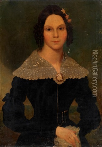 Portrait Of A Young Lady, In A Black Dress With A White Lace Blouse, A Blue Sky Beyond Oil Painting - Rembrandt Peale