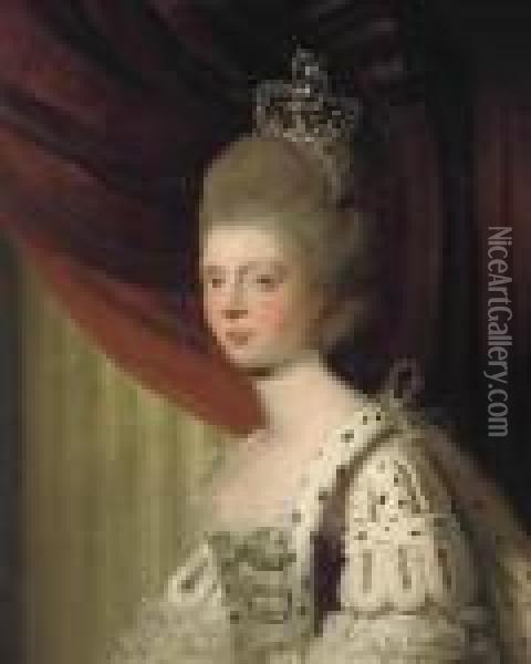 Portrait Of Queen Charlotte , Bust-length, In Coronationrobes Oil Painting - Sir Joshua Reynolds