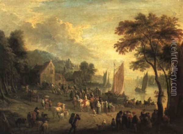 River Landscape With Peasants Gathered Near Ferry Boats Oil Painting - Mathys Schoevaerdts