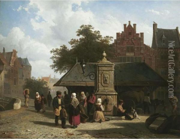 Figures In A Town Square Oil Painting - Cornelis Springer