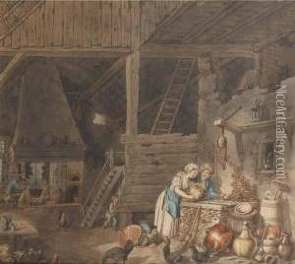 Interior With Peasants By A Well, Another Warming Her Hands At A Fire Beyond Oil Painting - R.G. Robart