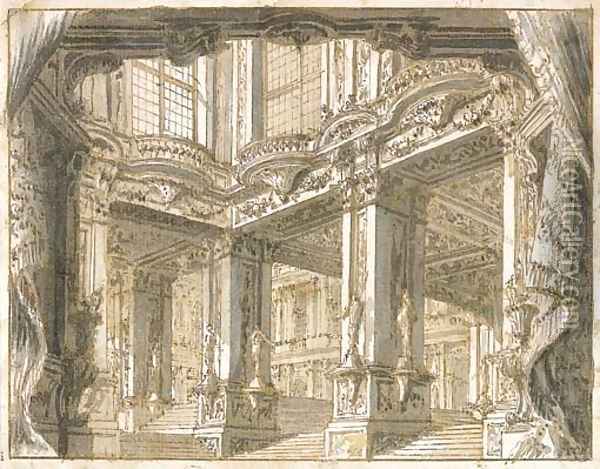 The courtyard of a palace, for a theatrical set Oil Painting - Giuseppe Galli Bibiena