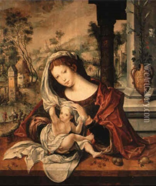 The Madonna And Child , The Flight Into Egypt In A Wooded Valley Beyond Oil Painting - Jan Gossaert