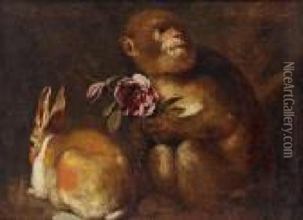 Scimmietta E Coniglio Oil Painting - Antonio Maria Vassallo