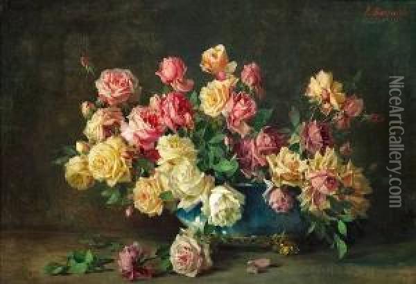 A Still Life With Pink, Yellow And White Roses In A Blue Vase Oil Painting - Licinio Barzanti
