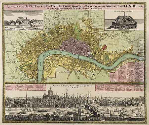 Map and Prospect of London Oil Painting - Johann Baptist Homann