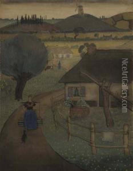 French Landscape With Farm Houses. 1892. Oil Painting - Jan Verkade