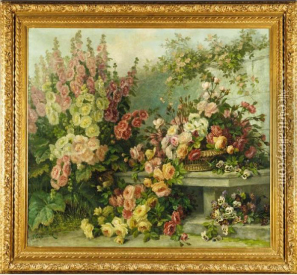 Still Life Of Hollyhocks, Roses And Pansies Oil Painting - Jean Capeinick