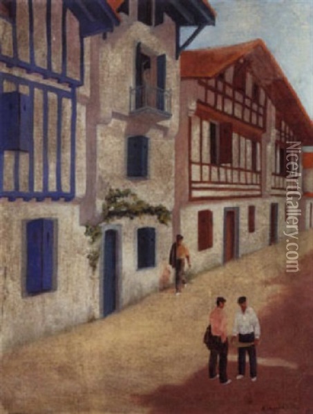 Rue Animee Au Pays-basque Oil Painting - Maurice Guiraud-Riviere