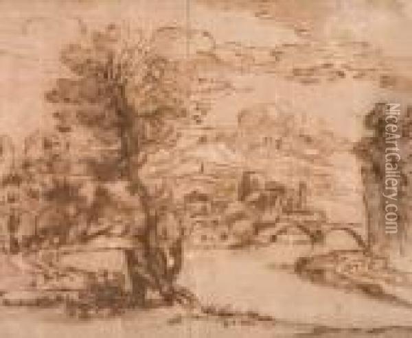 River Landscape With A Castle Near A Bridge Oil Painting - Domenico Zampieri (Domenichino)