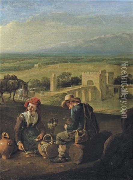 Two Peasants Eating In An Italianate River Landscape Oil Painting - Johannes Lingelbach