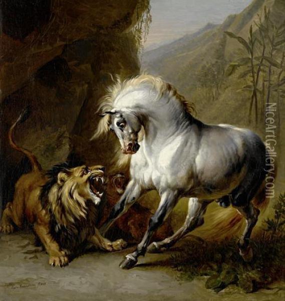 A Horse Attacked By A Lion Oil Painting - Eugene Joseph Verboeckhoven