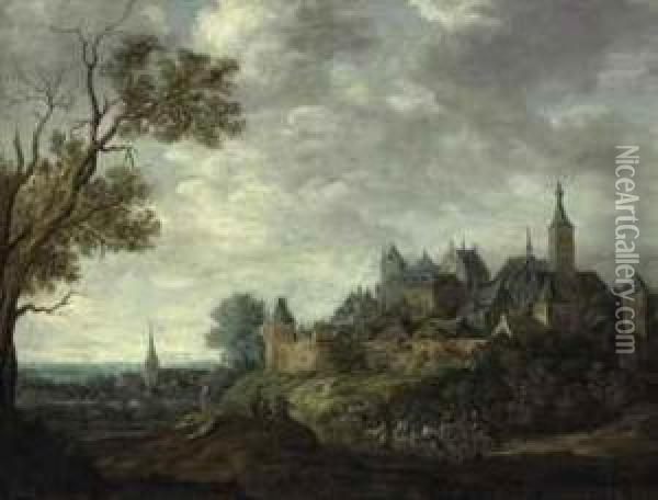 An Extensive Landscape With A Walled City And Travelers Oil Painting - Francis Van Knibbergen
