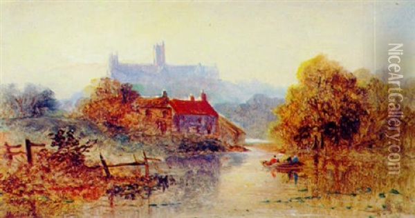 Lincoln Cathedral From The River Oil Painting - Henry Dawson