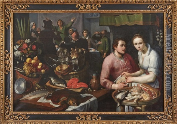 Kuchenstuck Mit Tischgesellschaft, Kochin Und Geflugelhandler Oil Painting - Cornelis Cornelisz Van Haarlem