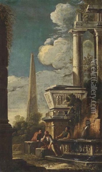 A Capriccio Of Classical Ruins With Philosophers Conversing Oil Painting - Niccolo Codazzi