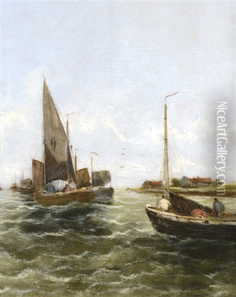 Fishing Boats Near Shore Oil Painting - Georg Fischhof