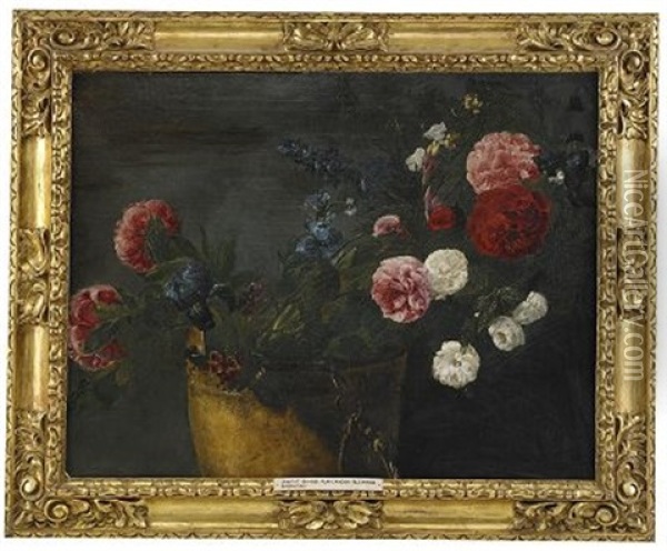 Pioner, Rosor, Iris Och Delphinium I En Kopparbunke Oil Painting - Jan Fyt