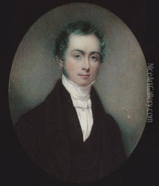 A Young Gentleman With Side-whiskers, Wearing Black Coat, Waistcoat, White Chemise And Tied Cravat Oil Painting - Mrs. William Walker
