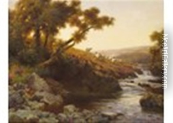 Sheep In A Moorland Landscape By A Stream Oil Painting - Henry B. Wimbush
