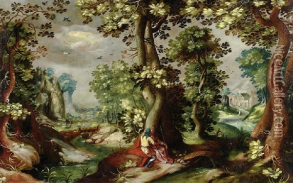 A Couple Courting Beneath A Tree, A Landscape Beyond; And An Extensive Rocky Landscape With Drovers And Their Herds Before A Town (pair) Oil Painting - Gillis Coninxloo IV